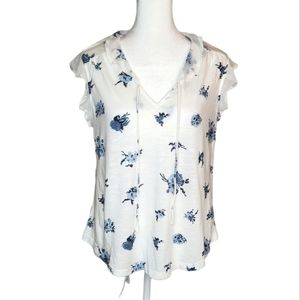 NEW Lucky Brand Floral Peasant Top with Sheer Collar and Sleeves